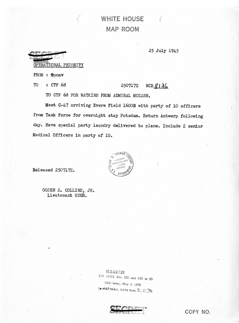 Memorandum from Chief of Naval Operations to Commander Task Force 68