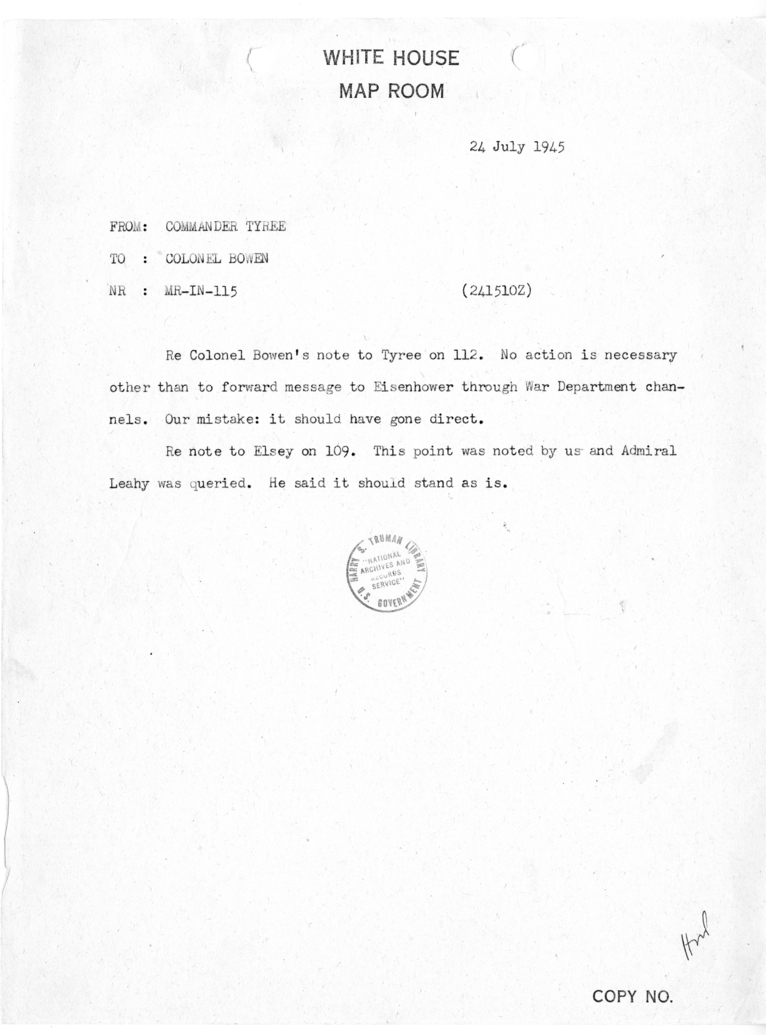Memorandum from Commander John A. Tyree, Jr., to Colonel Bowen [MR-IN-115]