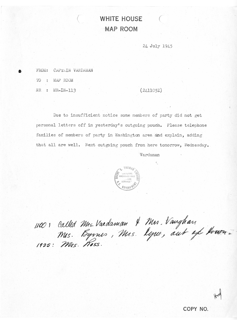 Memorandum from Captain James K. Vardaman to the White House Map Room [MR-IN-113]