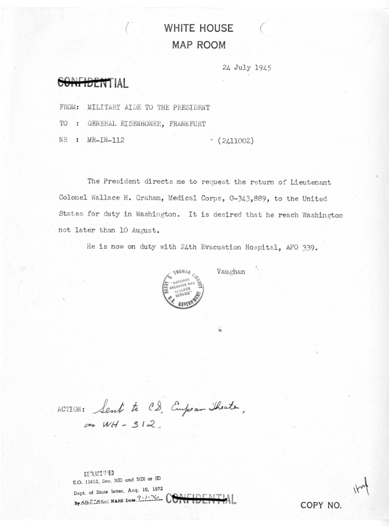 Telegram from the Brigadier General Harry Vaughan to General Dwight D. Eisenhower [MR-IN-112]