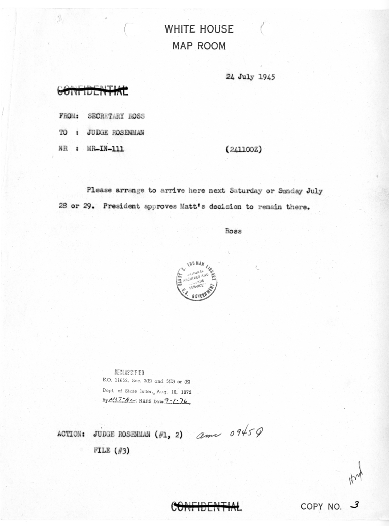 Memorandum from Charles G. Ross to Samuel I. Rosenman [MR-IN-111]