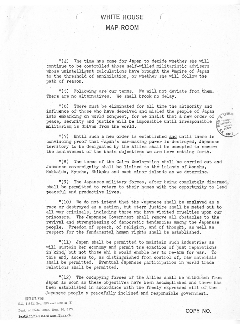 Memorandum from Captain James K. Vardaman to the White House Map Room [MR-IN-109]