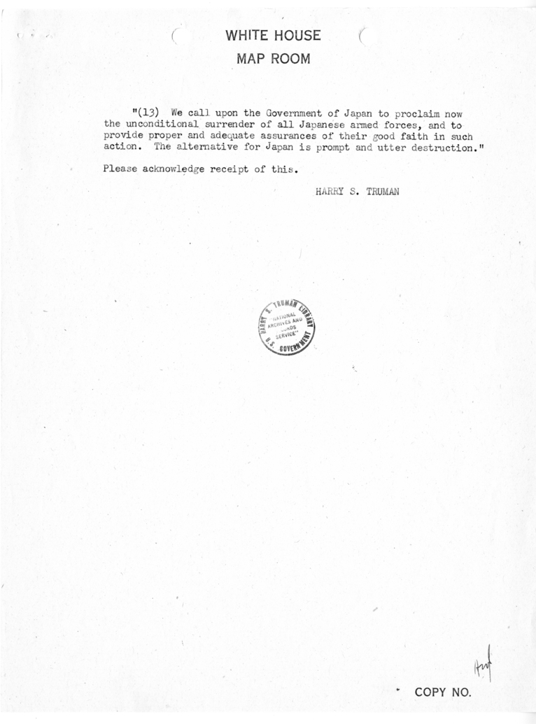 Memorandum from Captain James K. Vardaman to the White House Map Room [MR-IN-109]