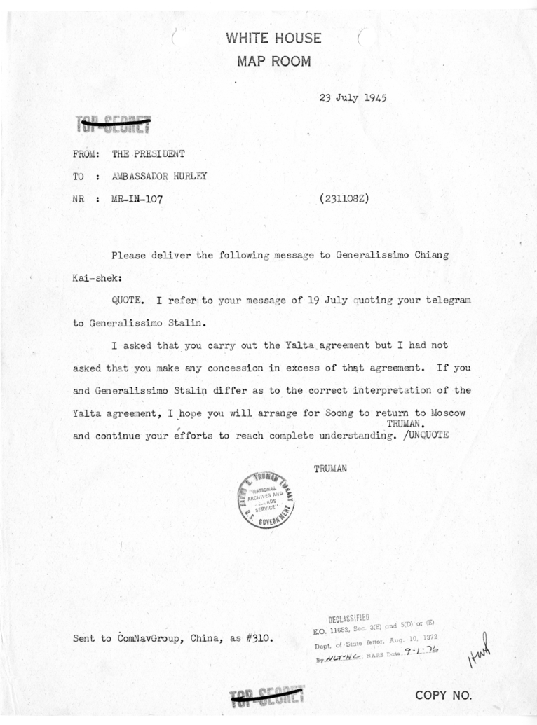 Memorandum from President Harry S. Truman to Ambassador Patrick J. Hurley [MR-IN-107]