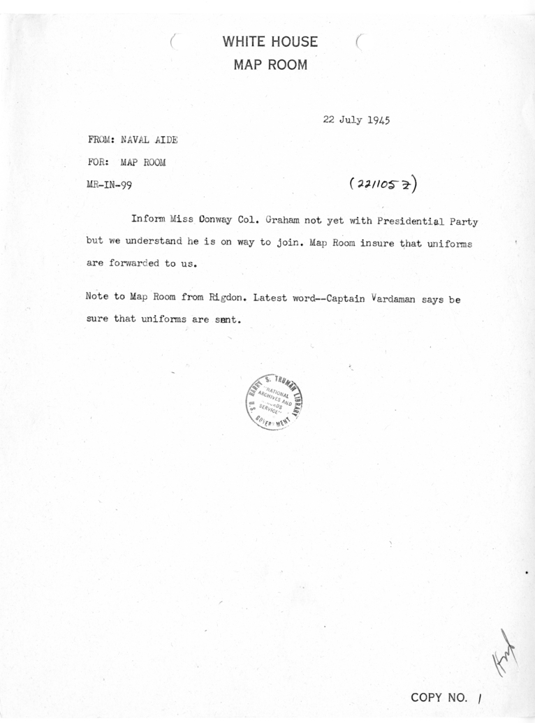 Memorandum from Captain James K. Vardaman to the White House Map Room [MR-IN-99]