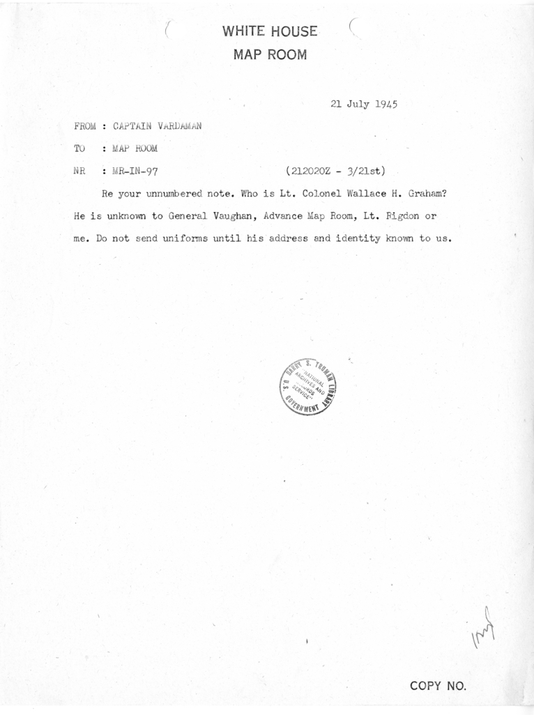 Memorandum from Captain James K. Vardaman to the White House Map Room [MR-IN-97]