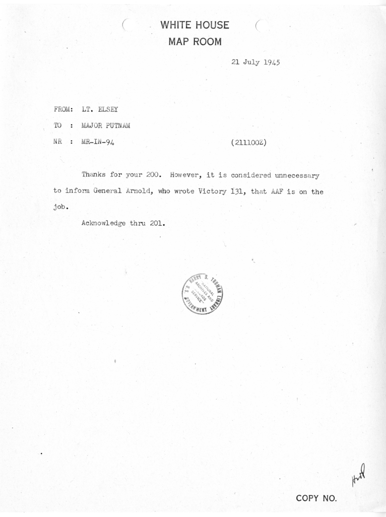 Telegram from Lieutenant George Esley to Major Putnam [MR-IN-94]