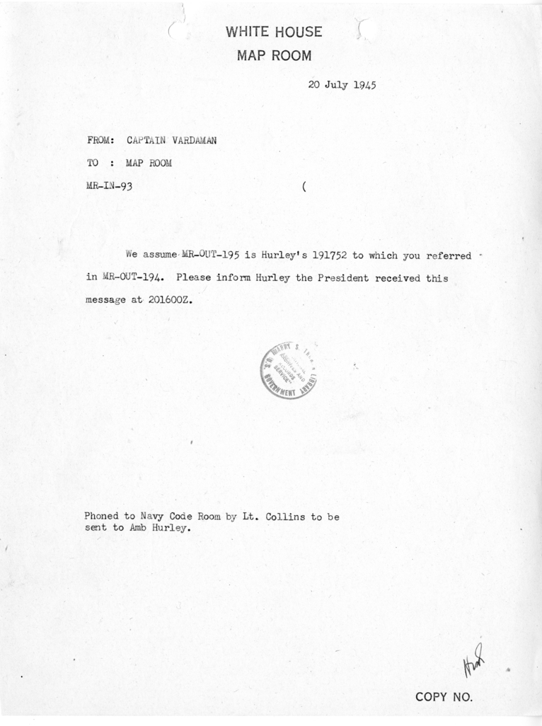 Memorandum from Captain James K. Vardaman to the White House Map Room [MR-IN-93]