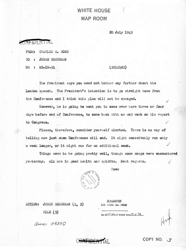 Telegram from Charles G. Ross to Judge Samuel I. Rosenman [MR-IN-91]