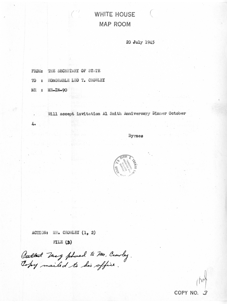 Memorandum from Secretary of State James F. Byrnes to Leo T. Crowley [MR-IN-90]