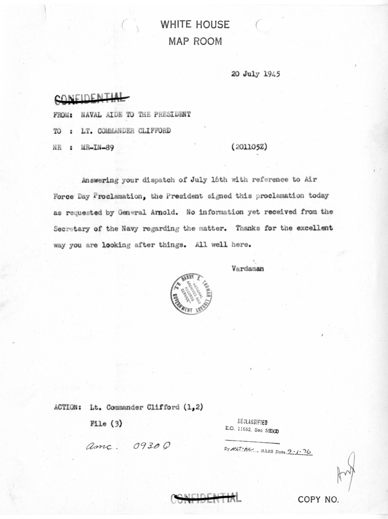 Memorandum from Captain James K. Vardaman to Lieutenant Commander Clark M. Clifford [MR-IN-89]