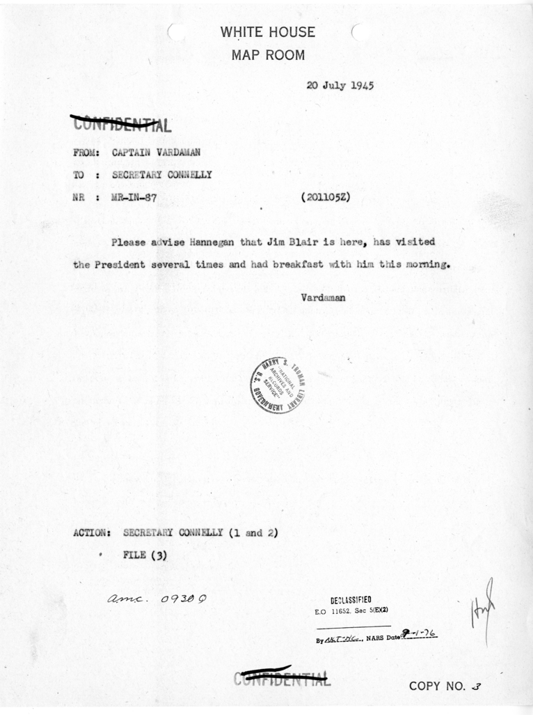 Telegram from Captain James K. Vardaman to Secretary Matthew J. Connelly