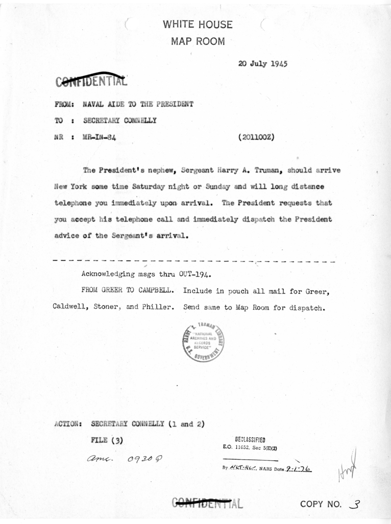 Memorandum from Captain James K. Vardaman to Matthew J. Connelly [MR-IN-84]