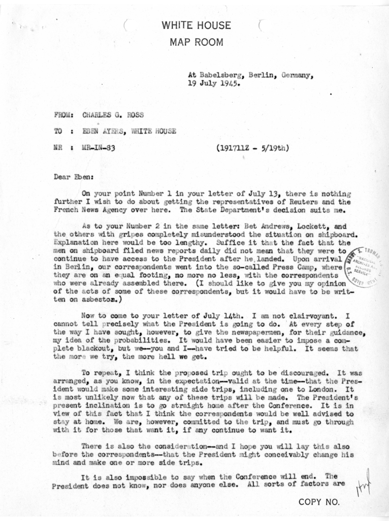 Memorandum from Charlie Ross to Eben Ayers [MR-IN-83]