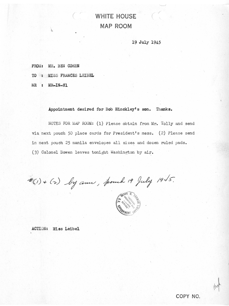 Telegram from Benjamin Cohen to Frances Leibel [MR-IN-81]