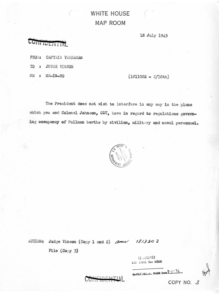 Telegram from Captain James K. Vardaman to Judge Vinson [MR-IN-80]