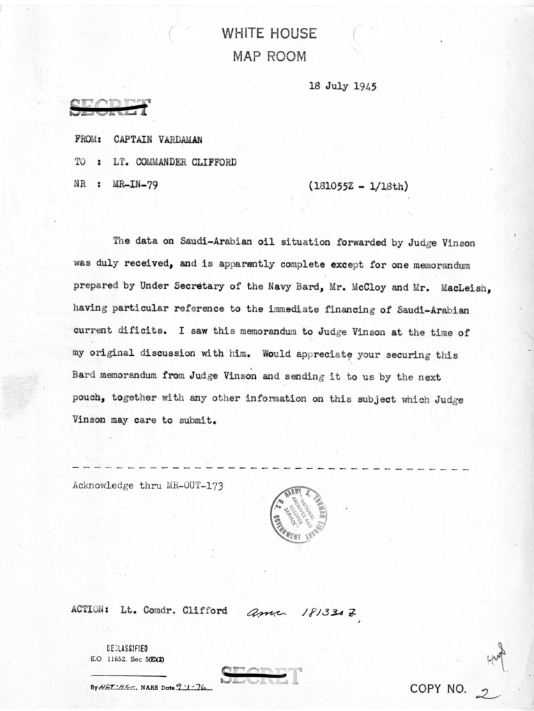 Telegram from Captain James K. Vardaman to Lt. Commander Clark M. Clifford [MR-IN-79]