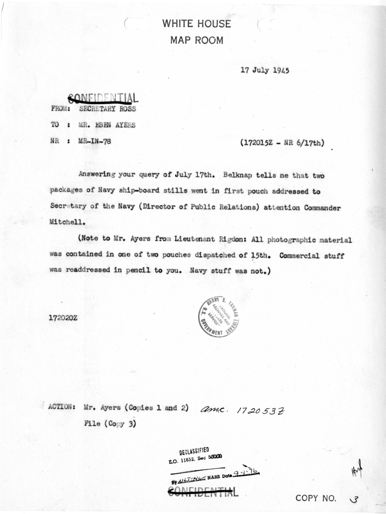 Memorandum from Charles G. Ross to Eben A. Ayers [MR-IN-78]