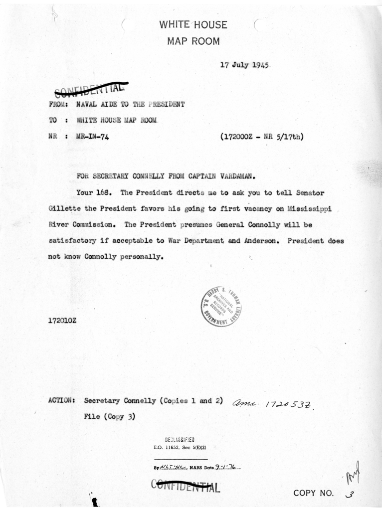 Memorandum from Captain James K. Vardaman to the White House Map Room [MR-IN-74]