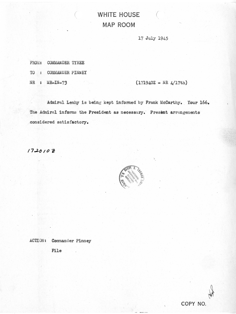 Memorandum from Commander John A. Tyree to Commander F. L. Pinney [MR-IN-73]