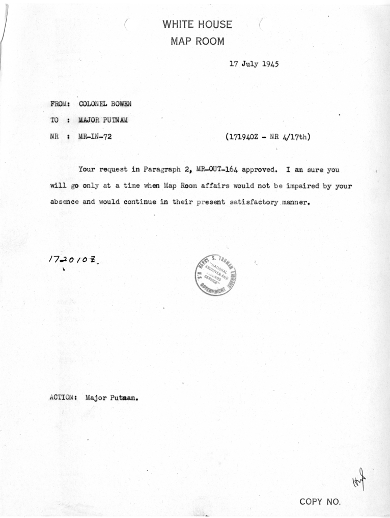 Memorandum from Colonel Bowen to Major Putnam [MR-IN-72]