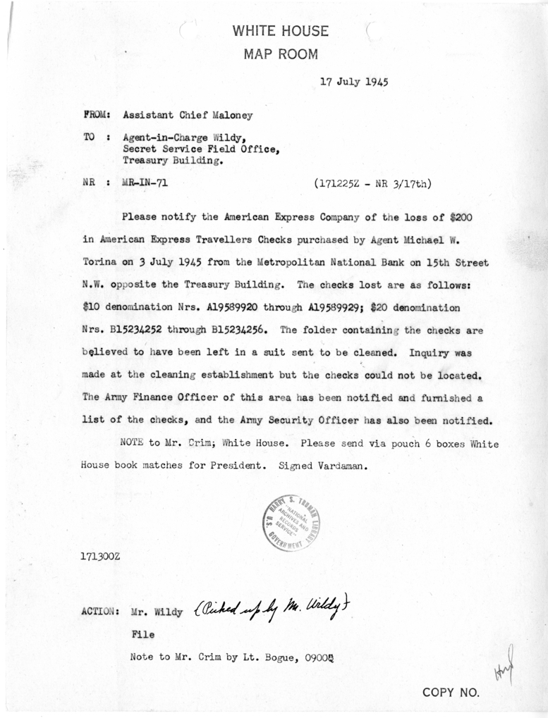 Memorandum from Assistant Chief Maloney to Agent-in-Charge Wildy [MR-IN-71]