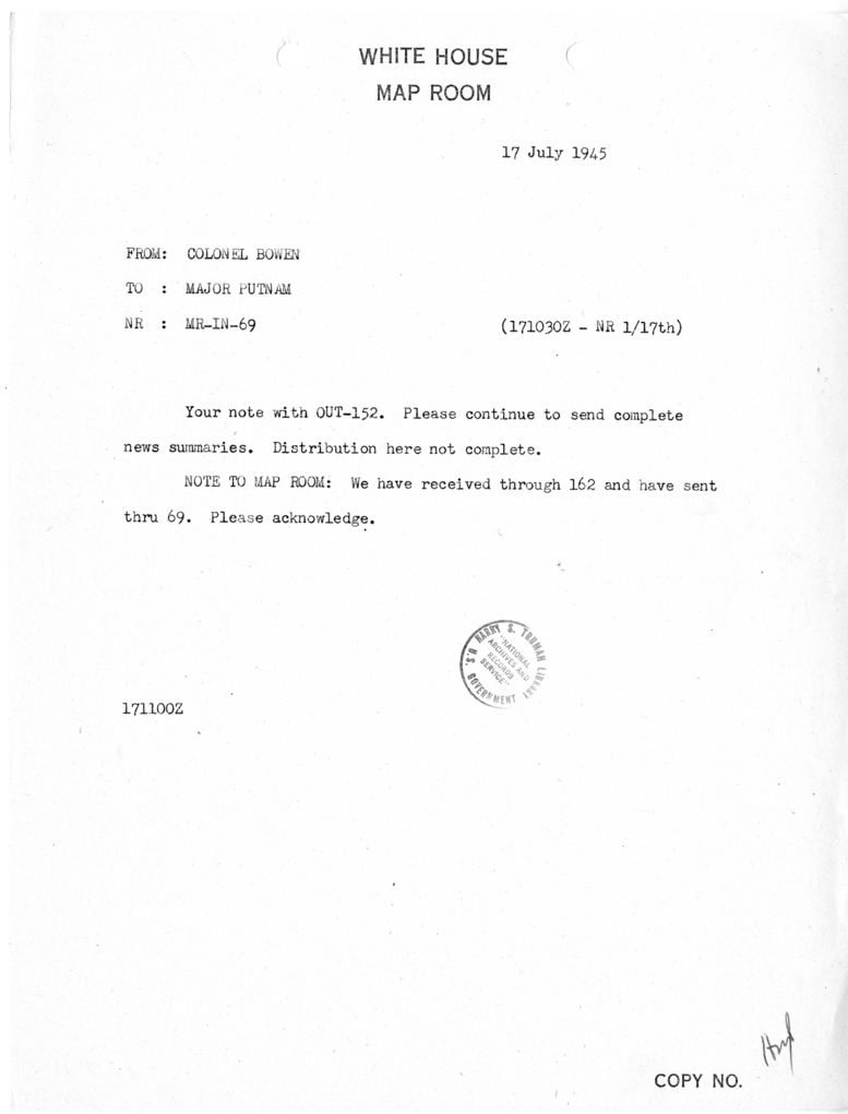 Memorandum from Colonel Bowen to Major Putnam [MR-IN-69]