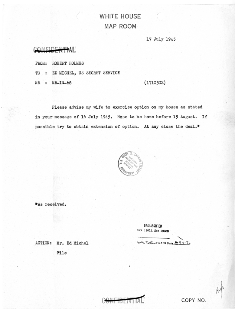 Telegram from Robert Holmes to Ed Michel, US Secret Service [MR-IN-68]