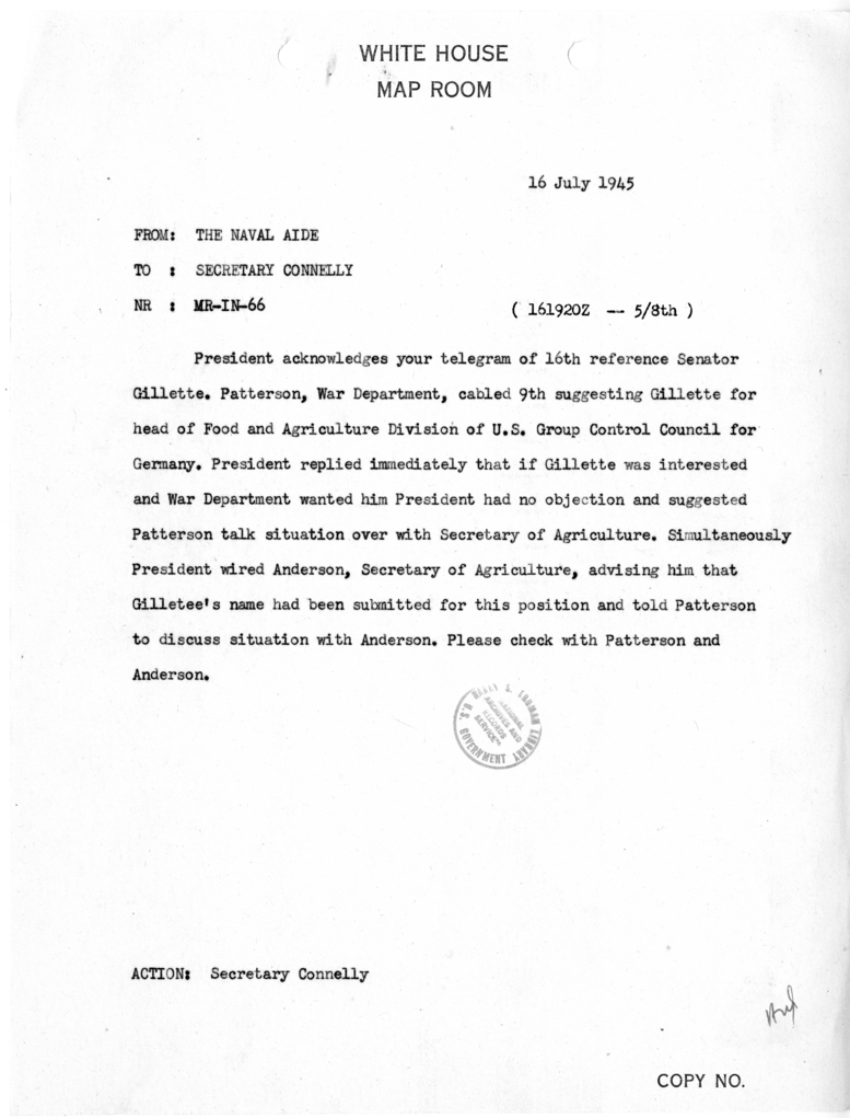 Memorandum from Captain James K. Vardaman to Matthew J. Connelly [MR-IN-66]