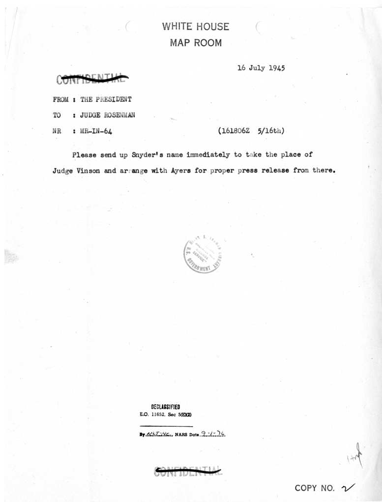 Telegram from President Harry S. Truman to Judge Samuel I. Rosenman [MR-IN-64]