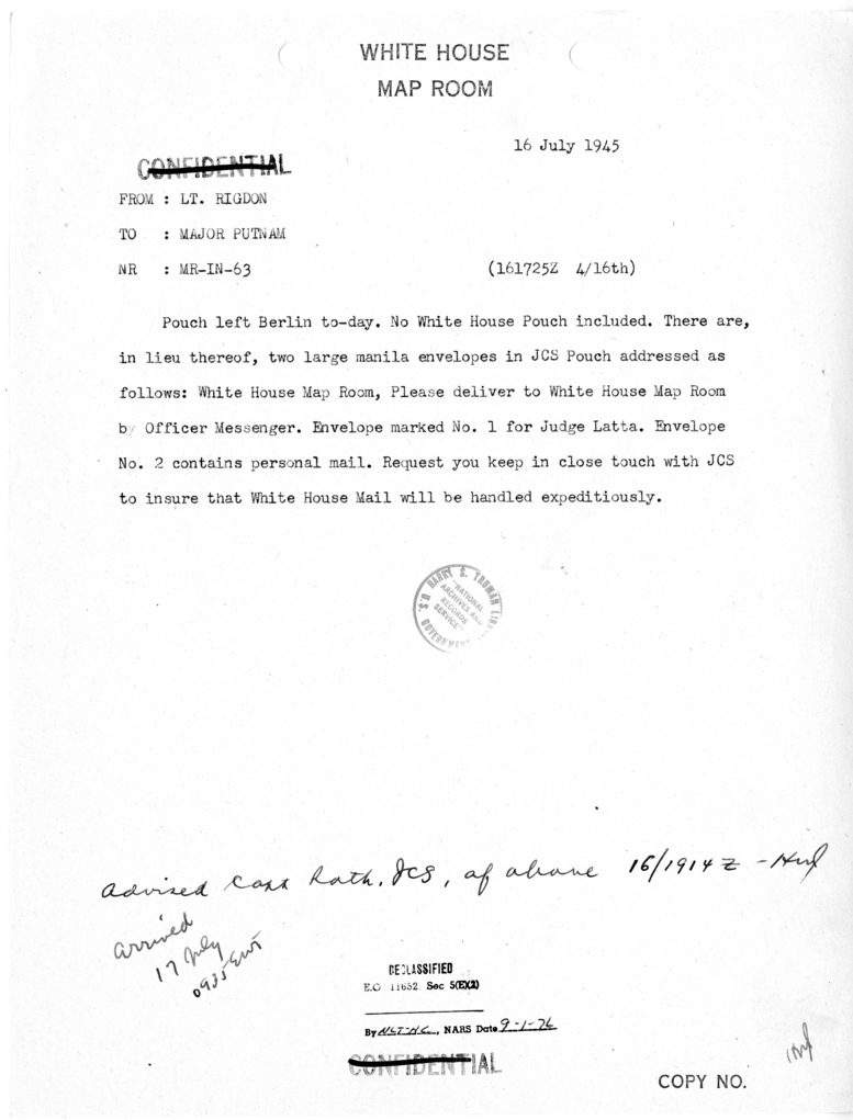 Telegram from Lieutenant William Rigdon to Major Putnam [MR-IN-63]