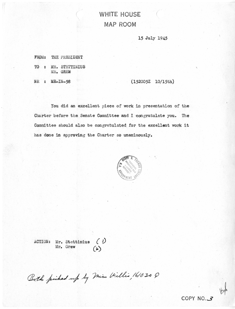 Memorandum from President Harry S. Truman to Former Secretary of State Edward R. Stettinius and Acting Secretary of State Joseph C. Grew [MR-IN-58]