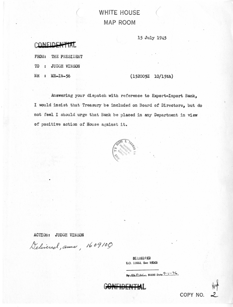 Telegram from President Harry S. Truman to Judge Vinson [MR-IN-56]