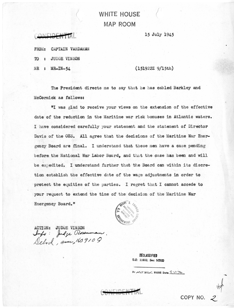 Telegram from Captain James K. Vardaman to Judge Fred Vinson [MR-IN-54]