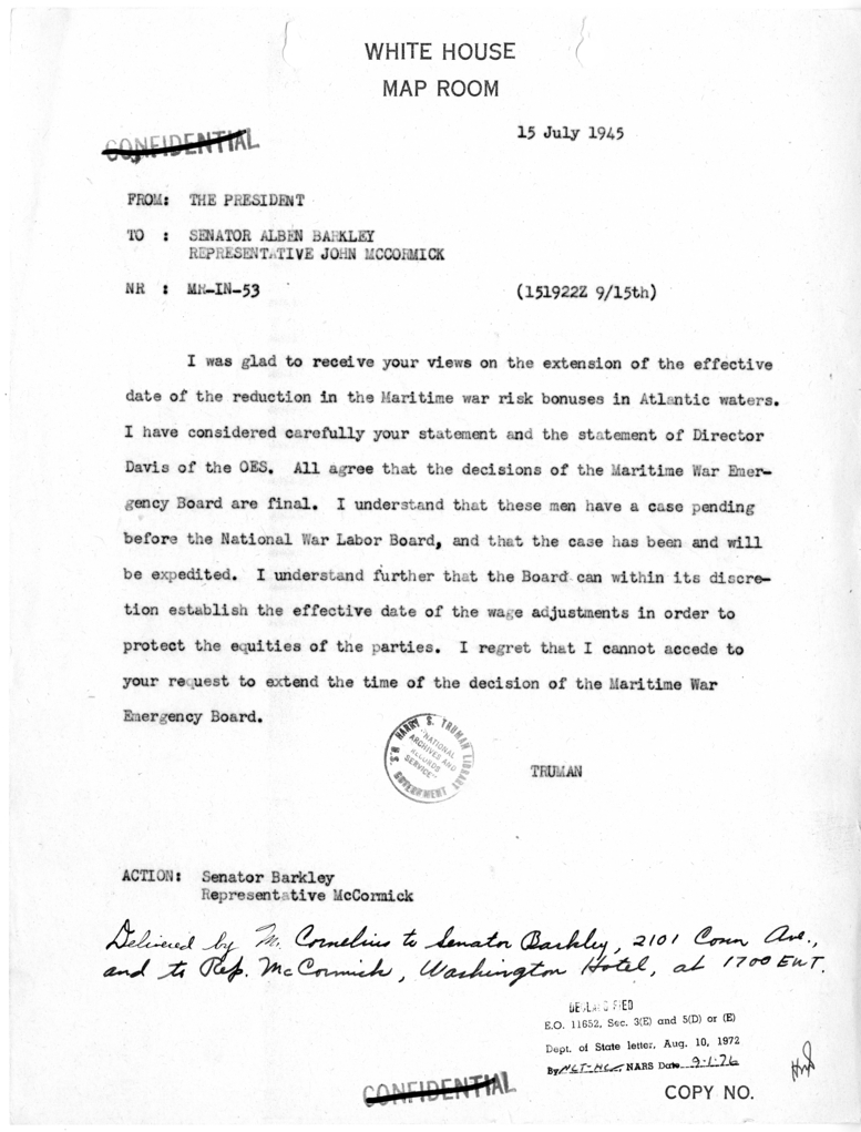 Telegram from President Harry S. Truman to Senator Alben Barkley and Representative John McCormack [MR-IN-53]