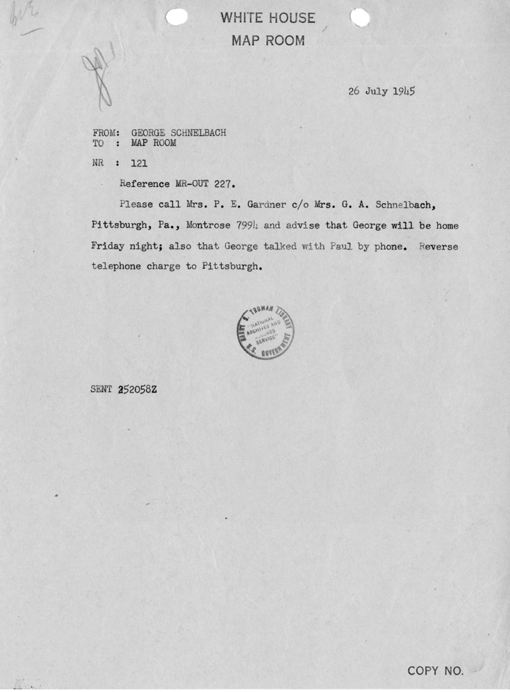 Telegram from George Schnelbach to the Map Room [121]