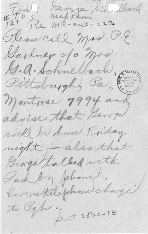 Handwritten Note from George Schnelbach to the Map Room