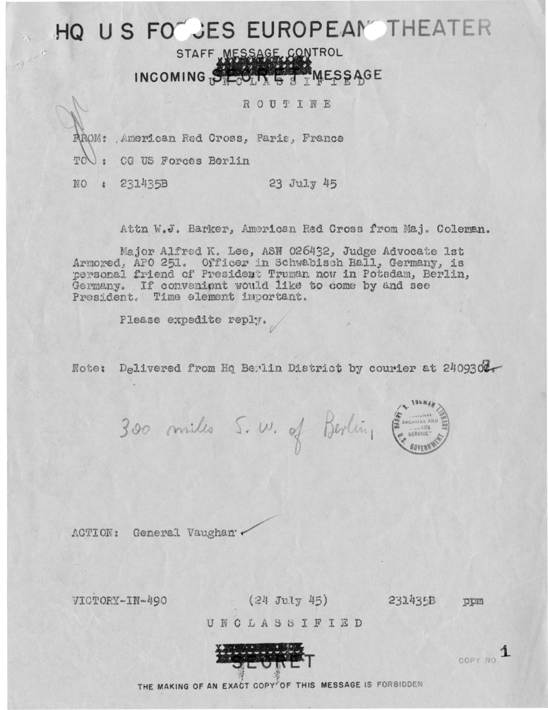 Correspondence Between American Red Cross and Commanding General, United States Forces, Berlin