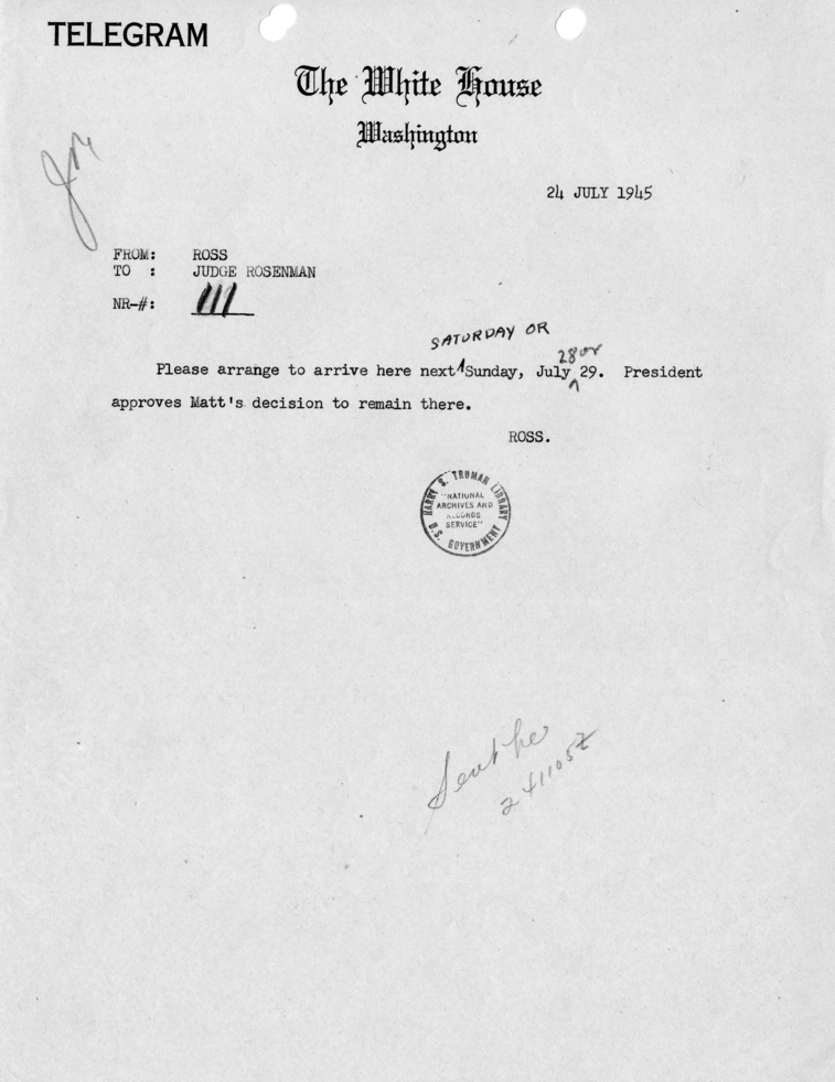 Telegram from Charles Ross to Samuel Rosenman [111]