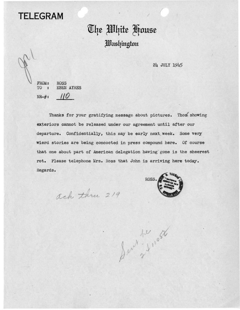 Telegram from Secretary Charles G. Ross to Eben A. Ayers [110]