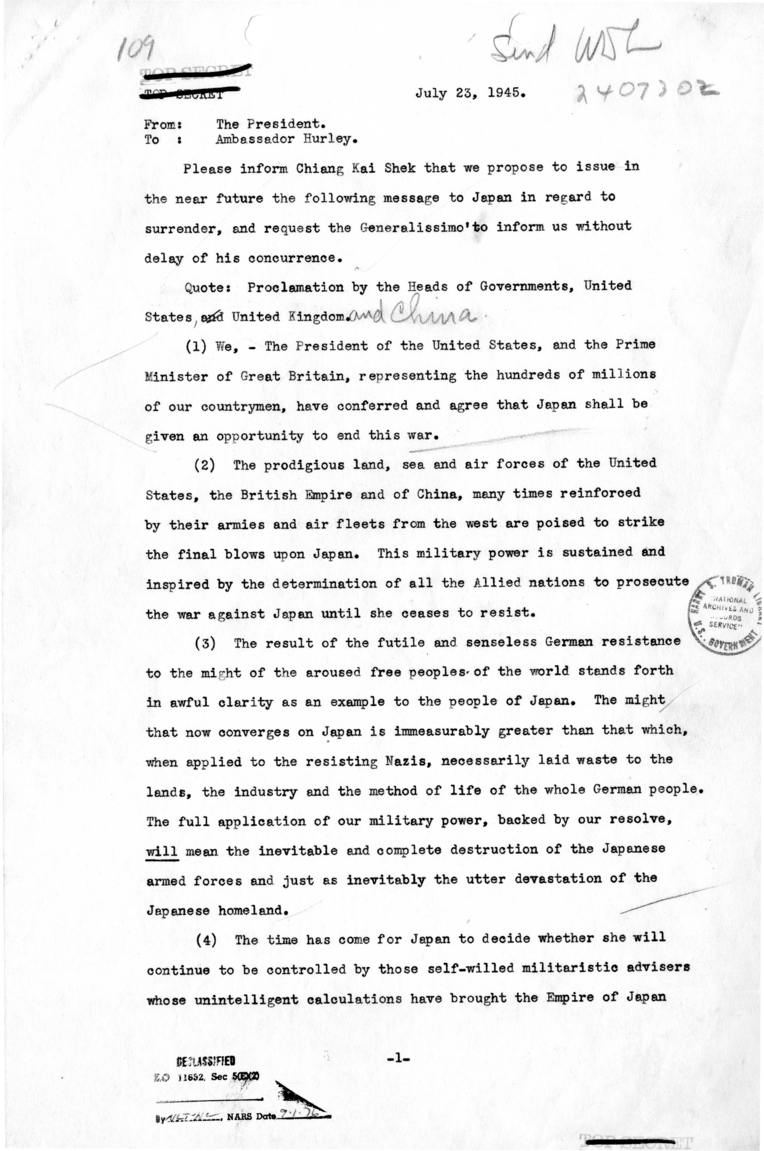 Telegram from President Harry S. Truman to Ambassador Patrick Hurley