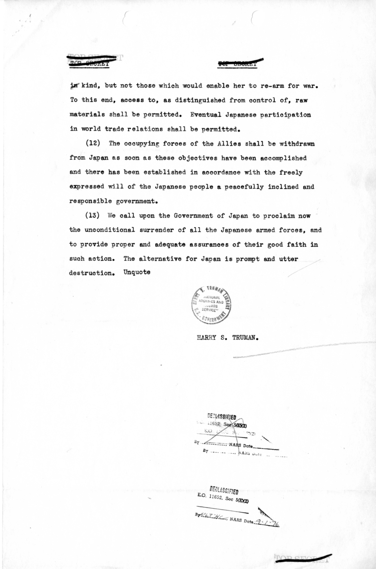 Telegram from President Harry S. Truman to Ambassador Patrick Hurley