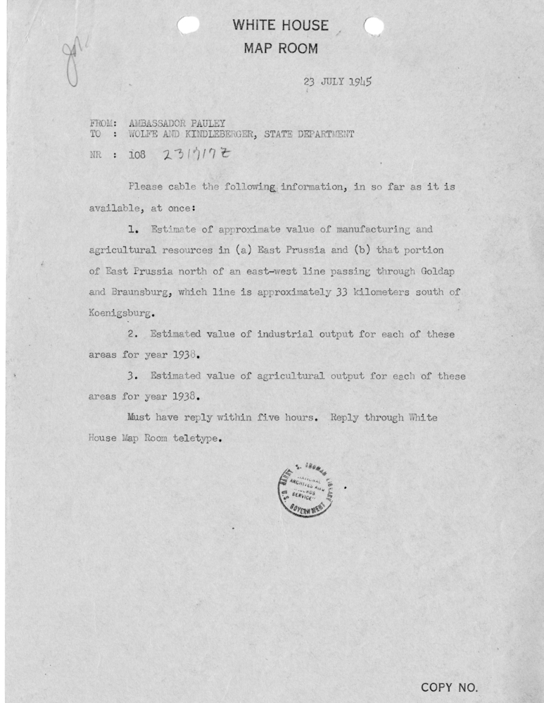 Telegram from Edwin Pauley to Wolfe and Kindleberger [108]