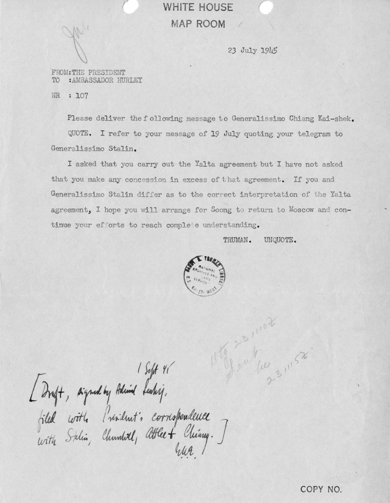 Telegram from President Harry S. Truman to Patrick Hurley [107]