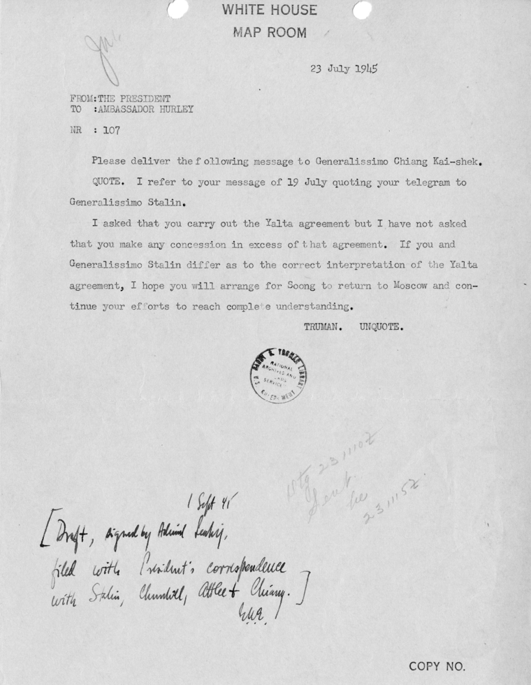 Telegram from President Harry S. Truman to Patrick Hurley [107]