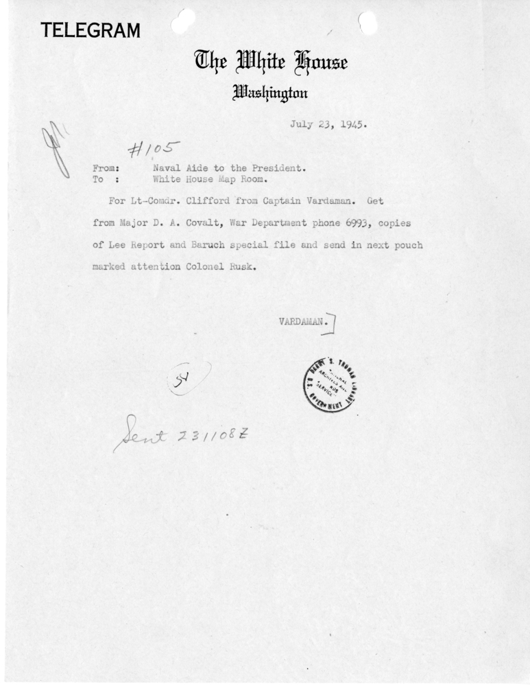 Telegram from the Naval Aide to the President to the White House Map Room
