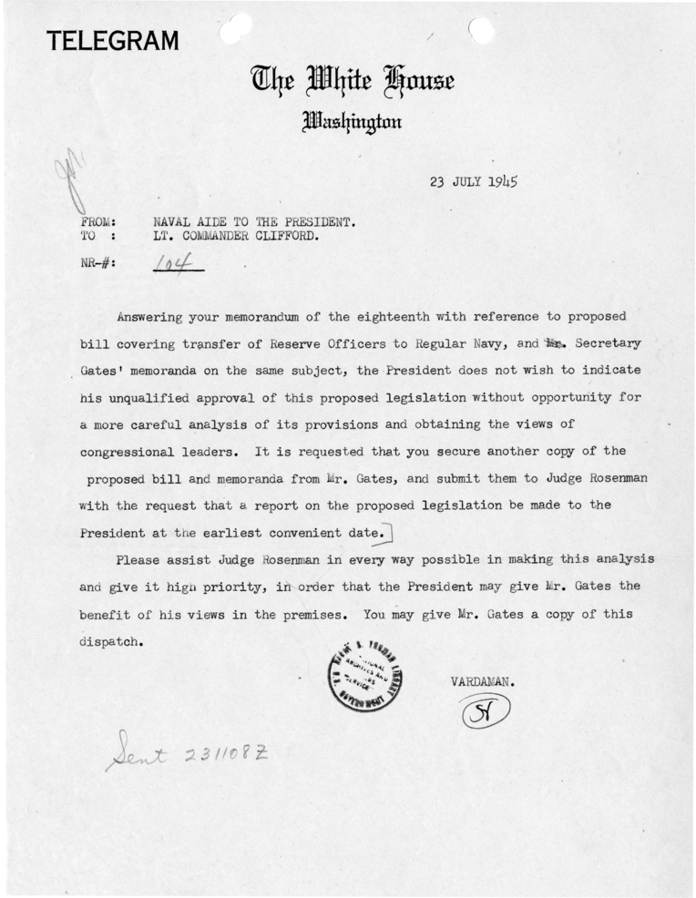Telegram from Naval Aide to the President Captain James Vardaman to Lieutenant Clark Clifford [104]