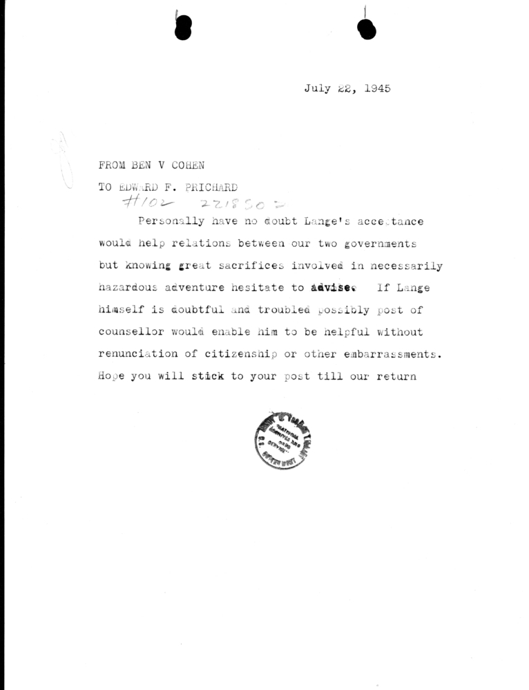 Telegram from Benjamin Cohen to Edward Prichard [102]
