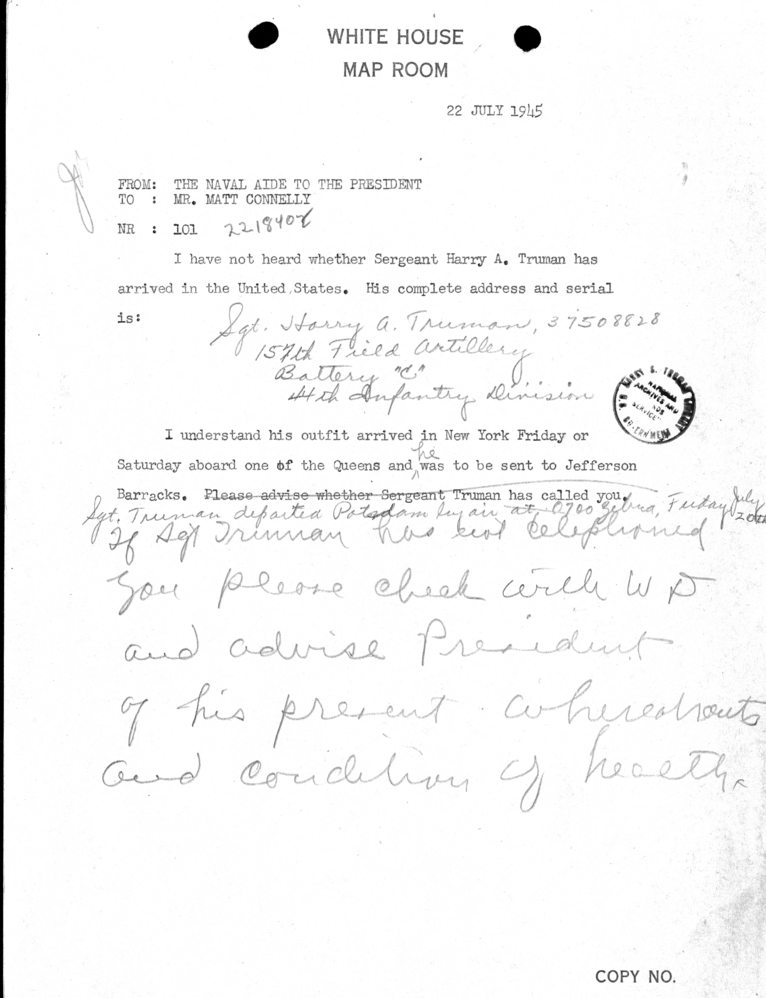 Telegram from Captain James K. Vardaman to Matthew Connelly [101]