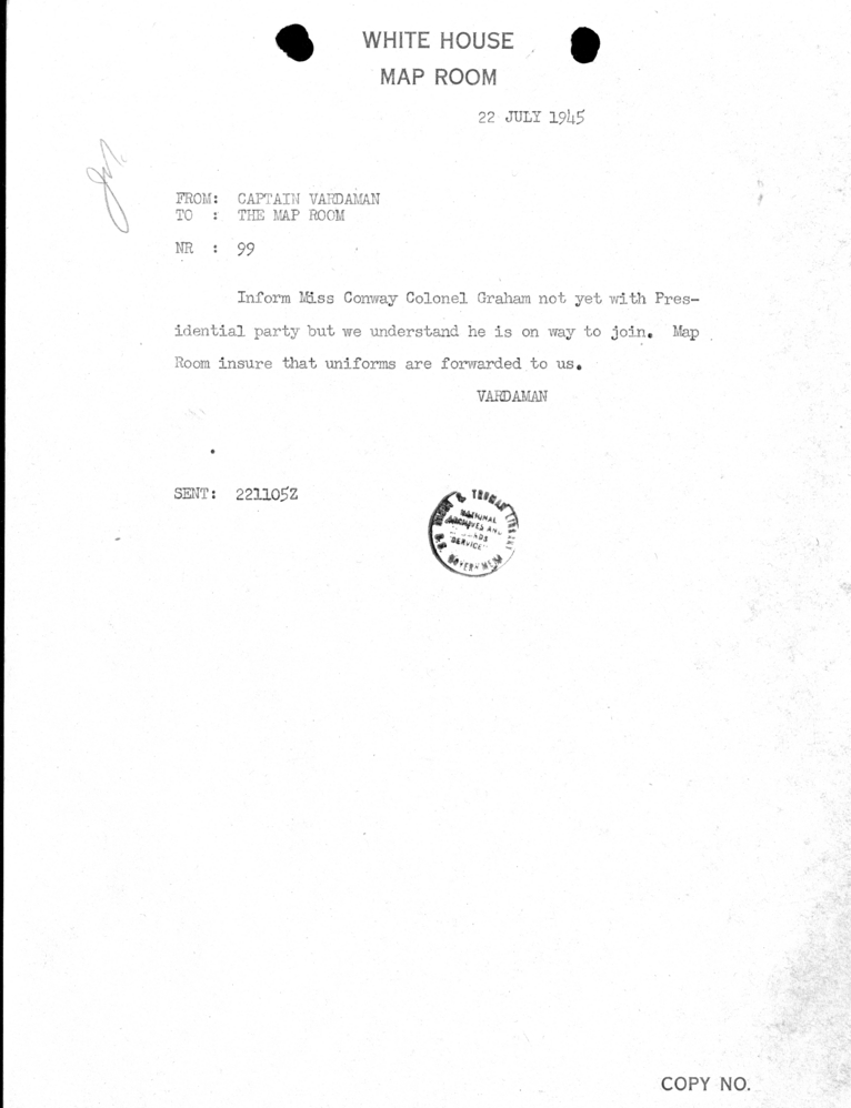 Telegram from Captain James K. Vardaman to Map Room [99]